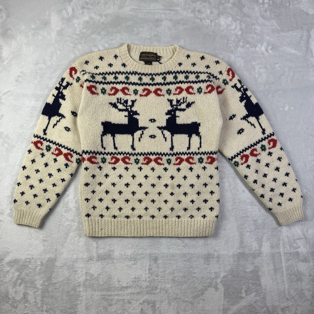 Vintage Eddie Bauer Reindeer Wool Sweater Women's Medium Cream/Red/Blue Chistmas